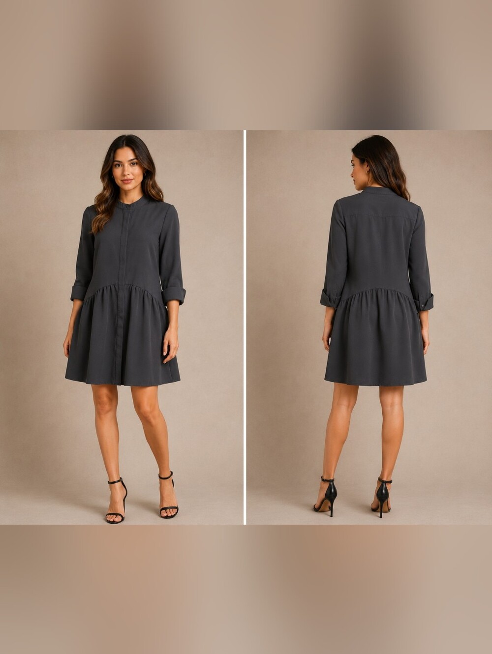 Tuckernuck Charcoal Long-Sleeve Button-Front Drop-Waist Dress #B36